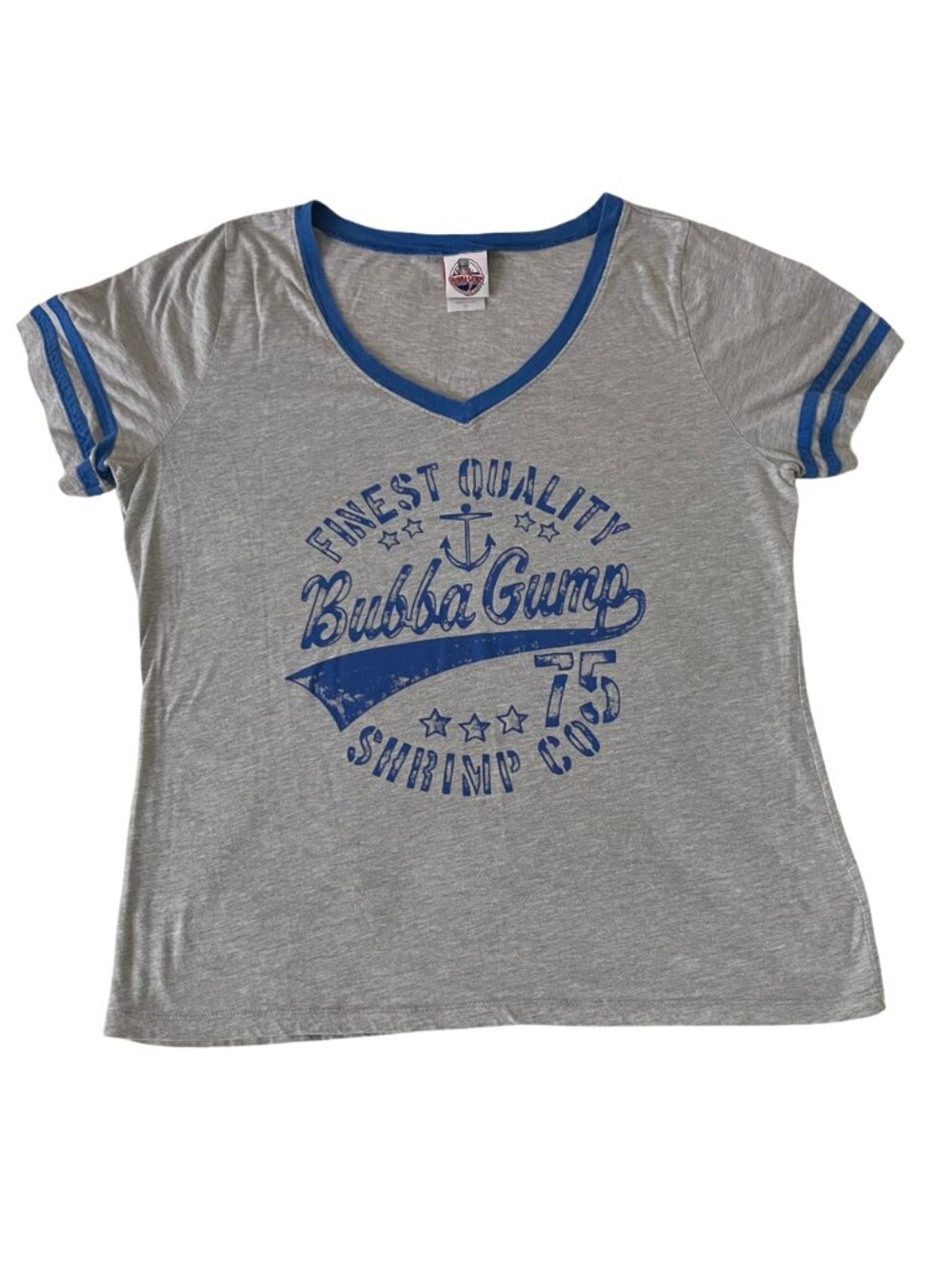 Bubba Gump Shrimp Co Women's 2XL Gray Blue Graphic V-Neck T-Shirt Movie Tee